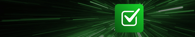 A green square icon featuring a checkmark is centered on a dynamic, bright green background with lines radiating outward, suggesting movement or progress. The design conveys a sense of approval or completion.