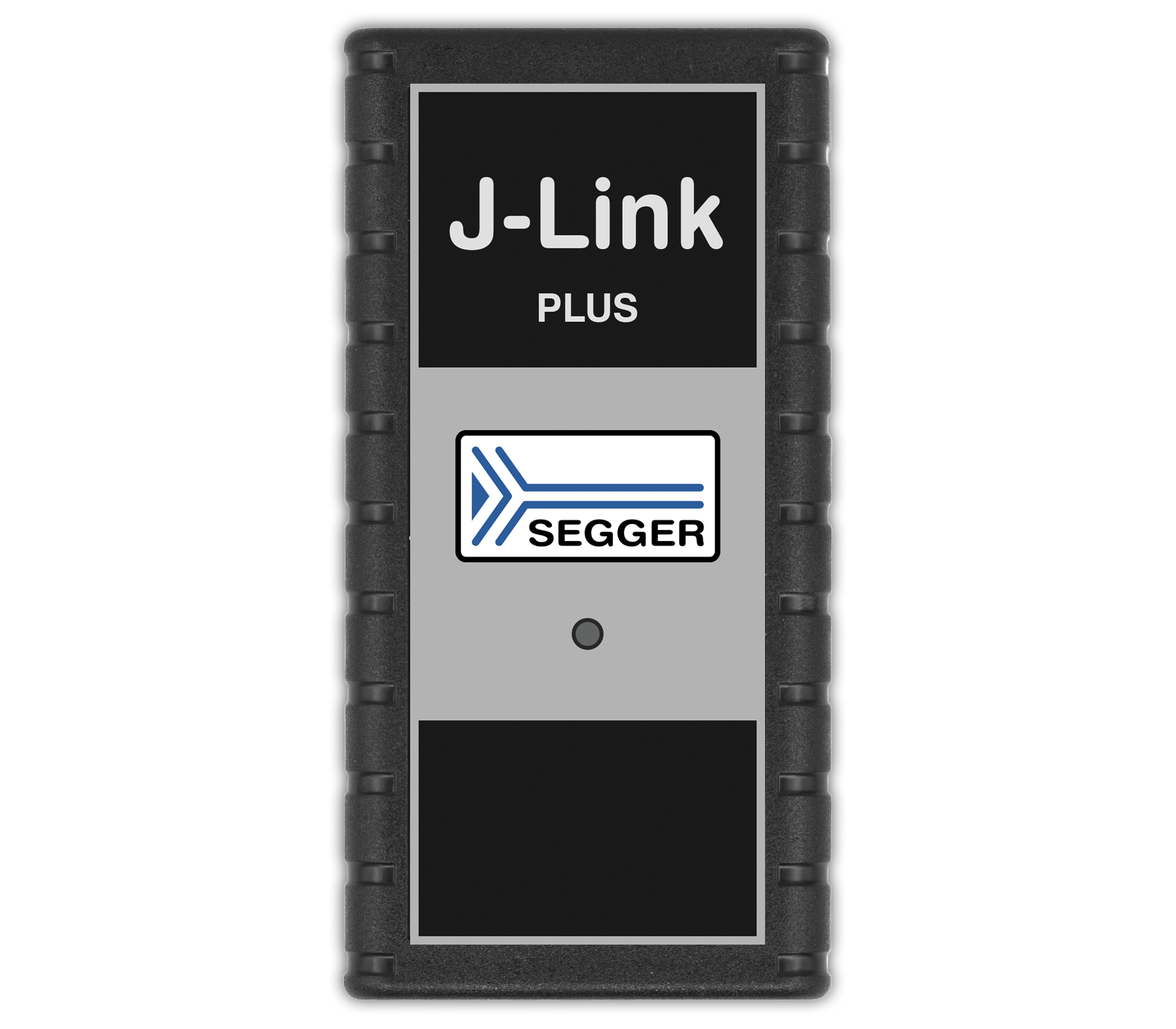 Image of a J-Link Plus programming tool, featuring a black and gray casing. The front displays the text "J-Link PLUS" above the SEGGER logo, which includes a stylized arrow design. The device is rectangular with rounded edges, designed for connecting to electronic systems for programming and debugging.