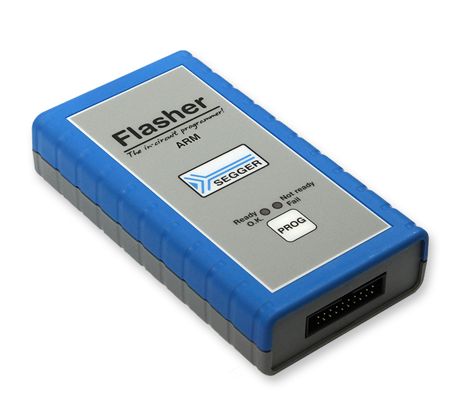 An electronic device labeled "Flasher" designed for in-circuit programming, specifically for ARM. It features a gray and blue casing with indicators for status: "Ready," "OK," "Not ready," and "Fail," along with a "PROG" button. The device connects via a standard interface.