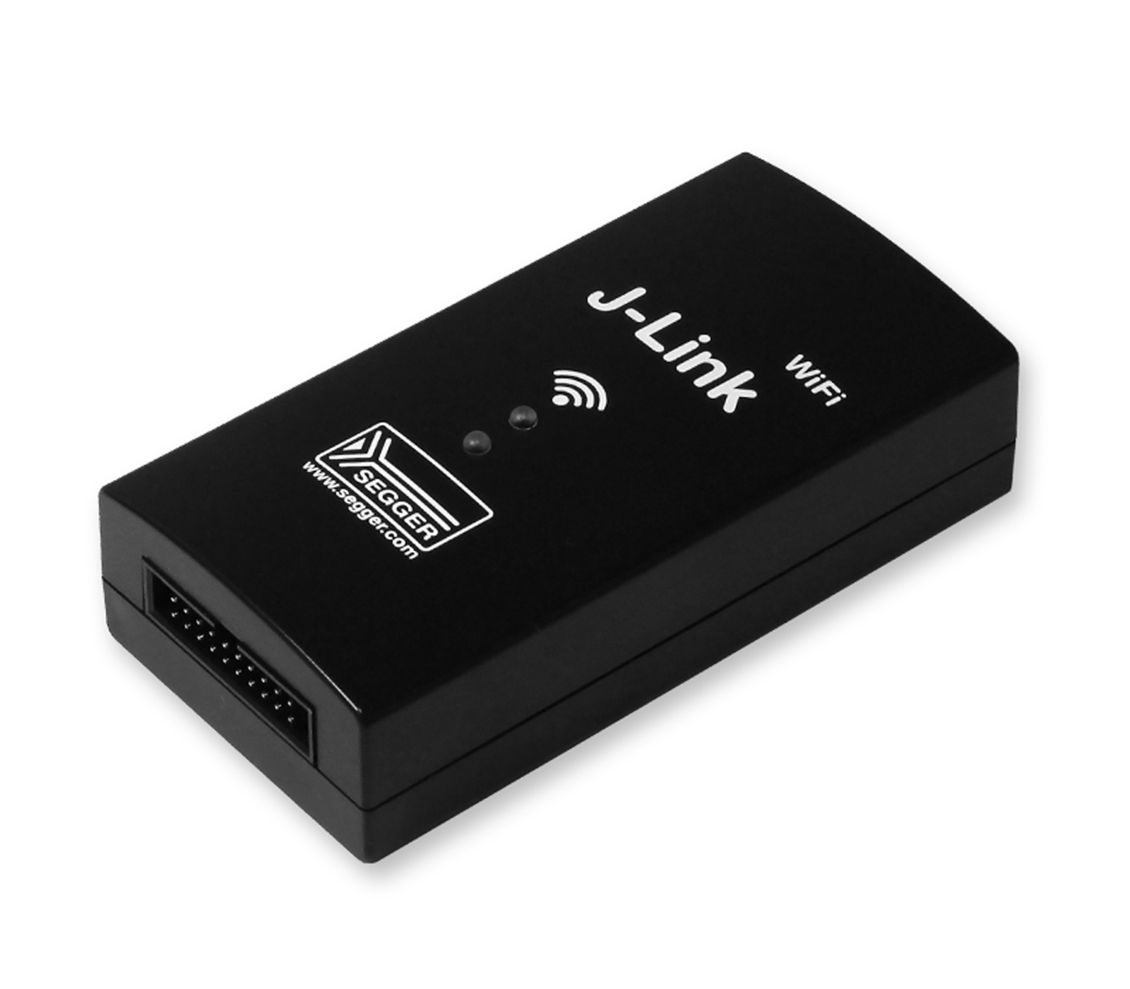 A black rectangular device labeled "J-Link WiFi" with indicator lights and a connector port. The device is designed for wireless debugging and programming of embedded systems. It is small and portable, suitable for various electronic applications.