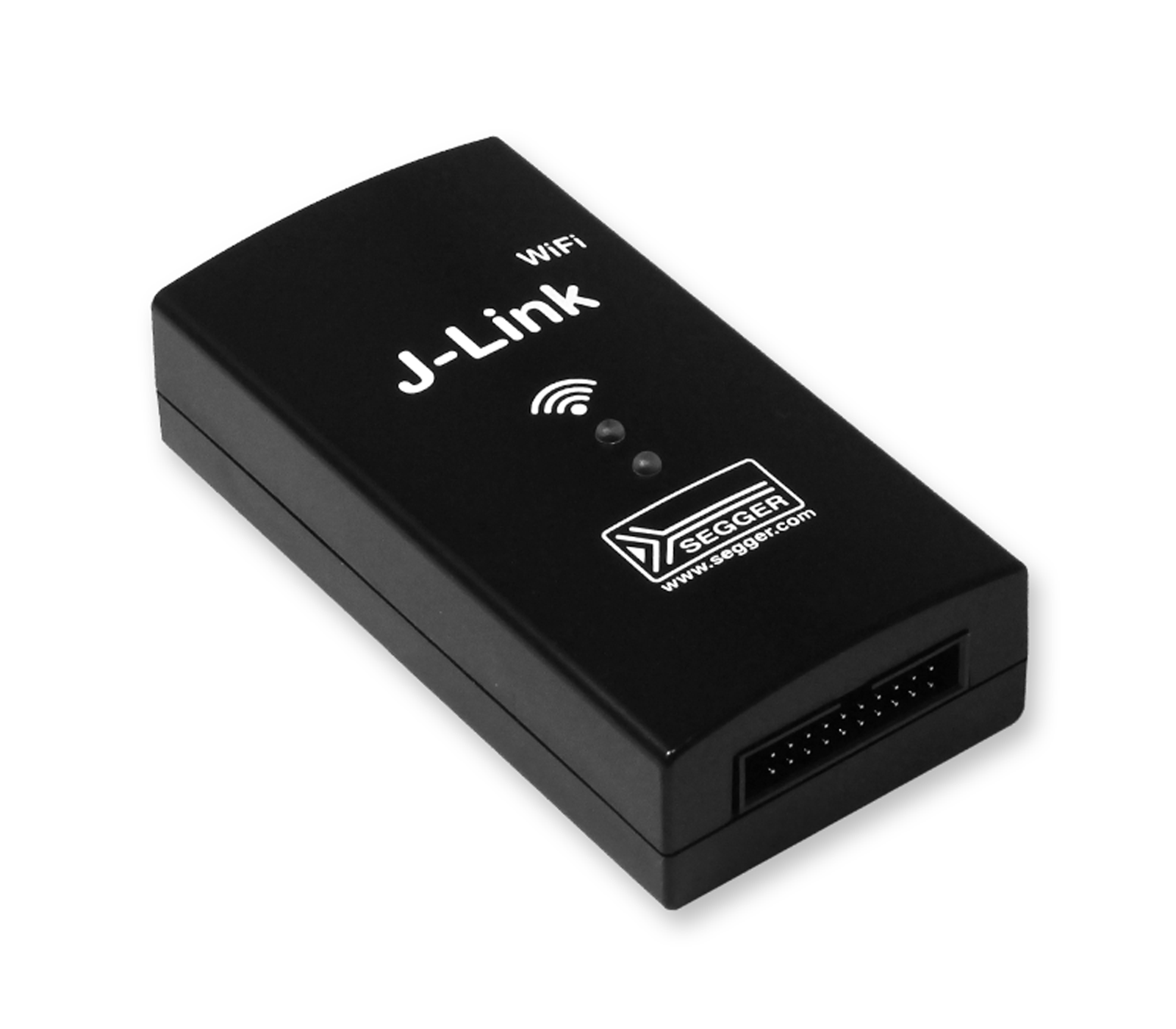 A black electronic device labeled "J-Link WiFi" with three indicator lights. It features a connector on one side, suggesting it is used for wireless connectivity or programming tasks in electronics. The device appears compact and portable.