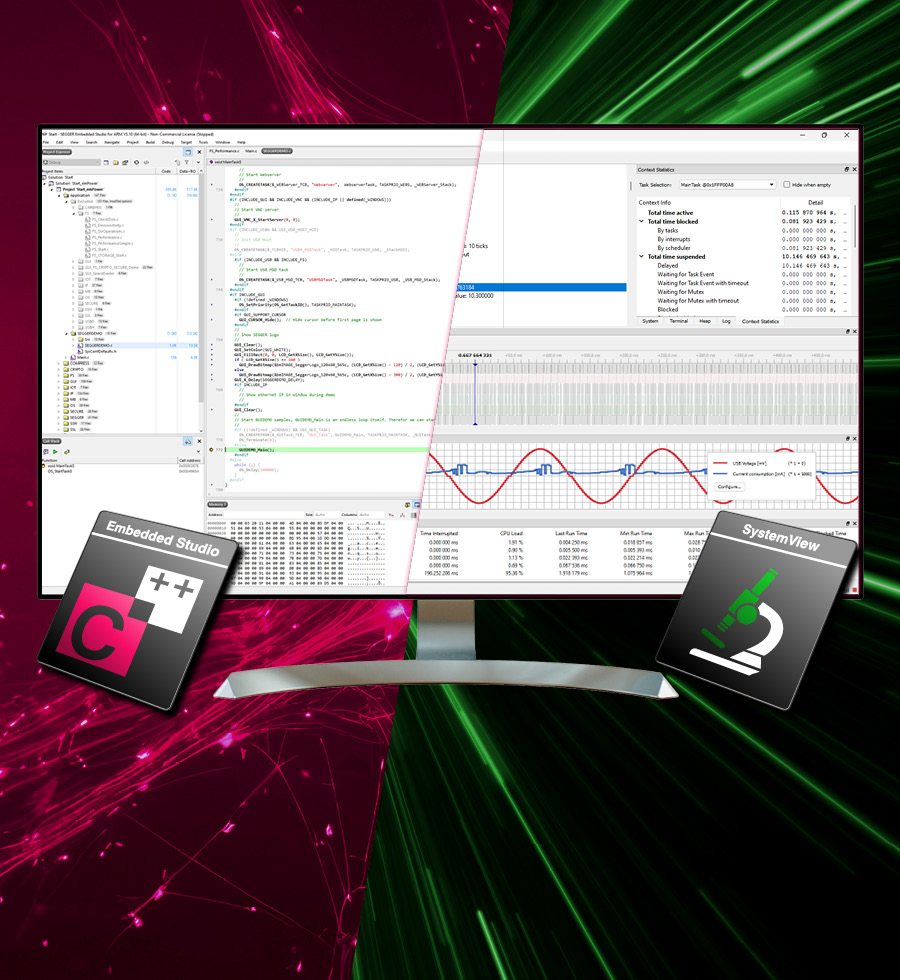 The image displays a computer monitor with development software interfaces. On the left, a coding environment shows programming code. The right side features performance statistics graphs. Two icons labeled "Embedded Studio" and "SystemView" are positioned at the bottom, indicating software tools for development and analysis.