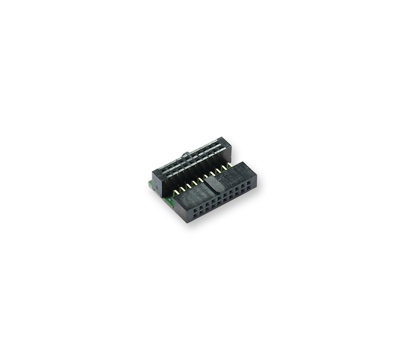 Image of a black electronic connector with two rows of pin slots. The connector has a small green circuit board attached at the bottom. It is typically used for linking components in a circuit or device.