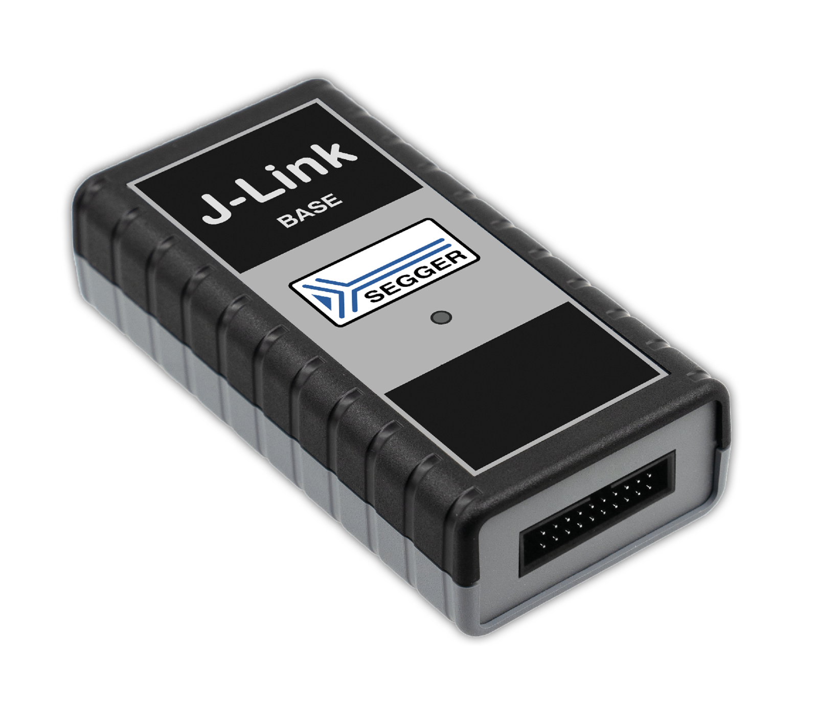 Image of a J-Link BASE device by SEGGER, a rectangular black and gray electronic programmer and debugger. It features a label with "J-Link" and "BASE" text, along with the SEGGER logo. The device is designed for connecting and programming embedded systems.