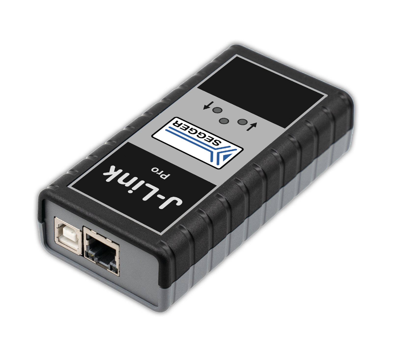 The image shows a black and gray device labeled "J-Link Pro" with ports for USB and Ethernet connections. The top features a logo and various buttons indicating functionality. It is a tool typically used for debugging or programming embedded systems.